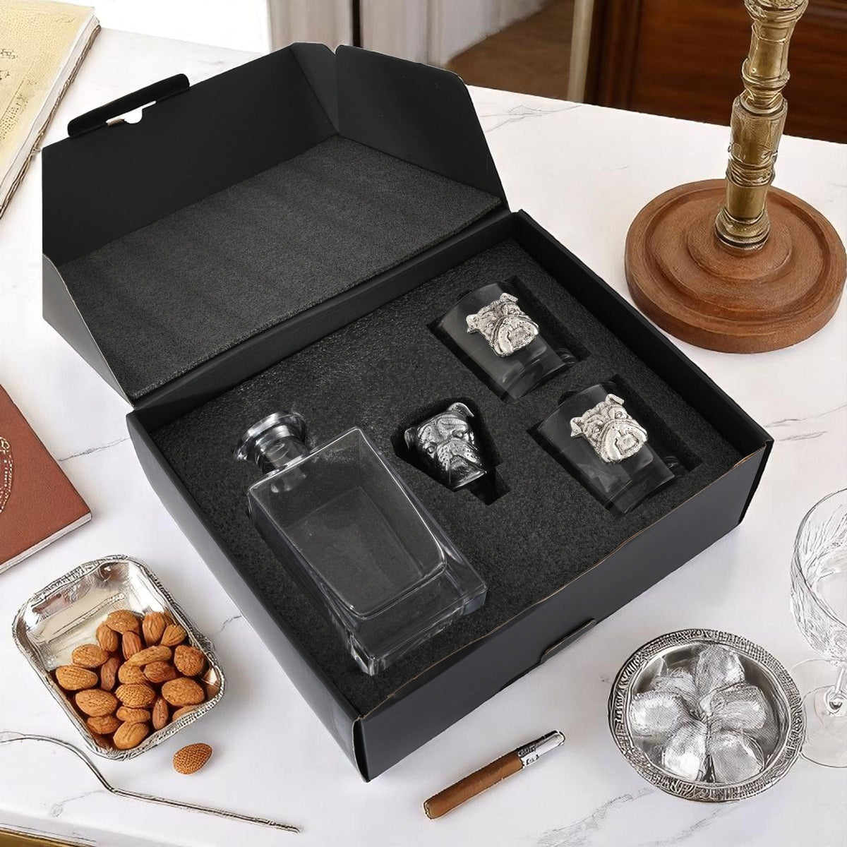 Arthur Court Classic / Engravable Bulldog Decanter Set with Glasses
