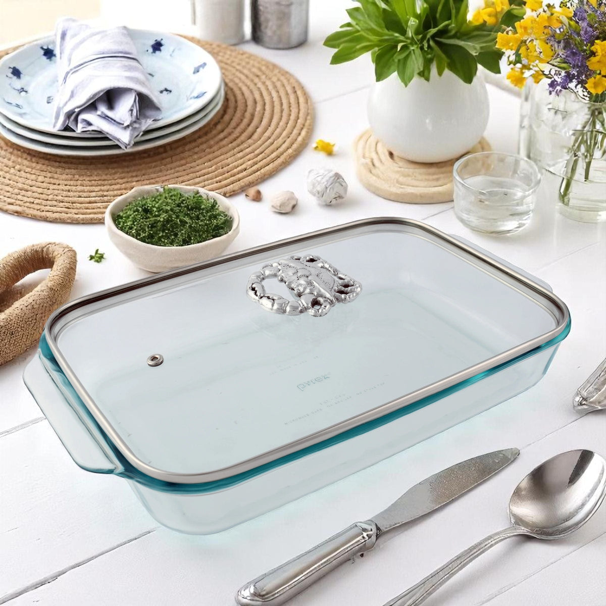 Arthur Court Coastal Crab Lid with Pyrex 3 quart Baking Dish