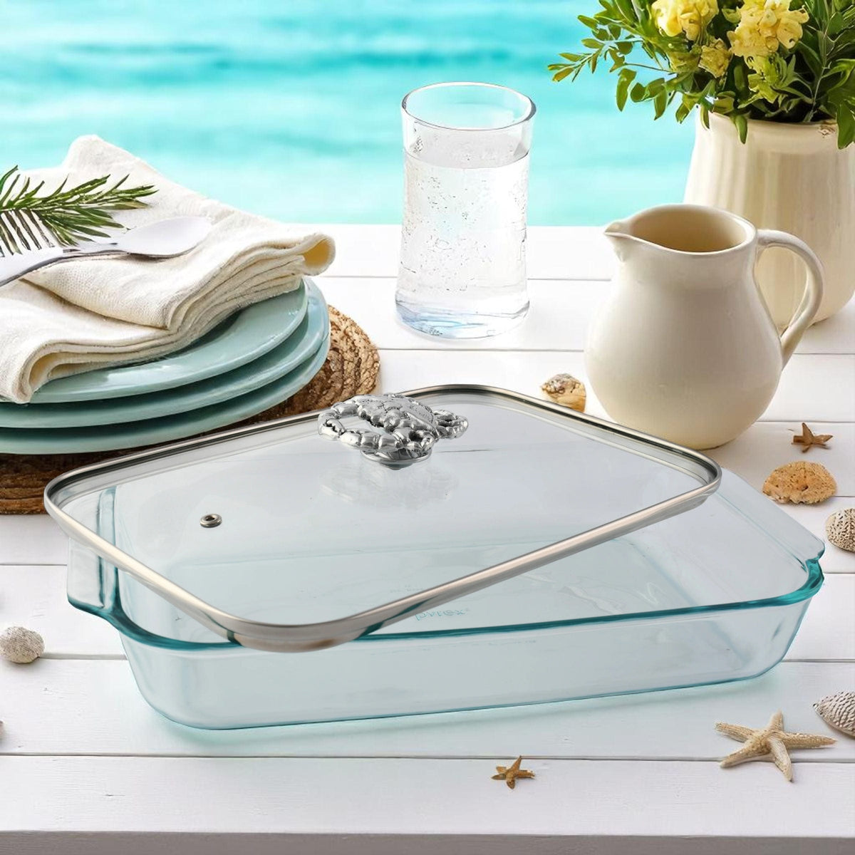 Arthur Court Coastal Crab Lid with Pyrex 3 quart Baking Dish