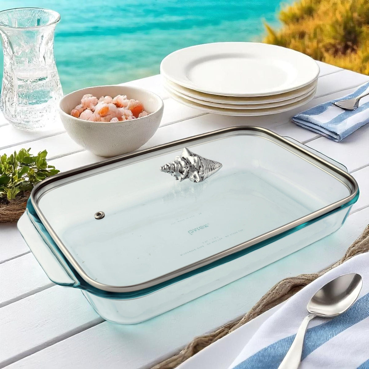 Arthur Court Coastal Shell Lid with Pyrex 3 quart Baking Dish
