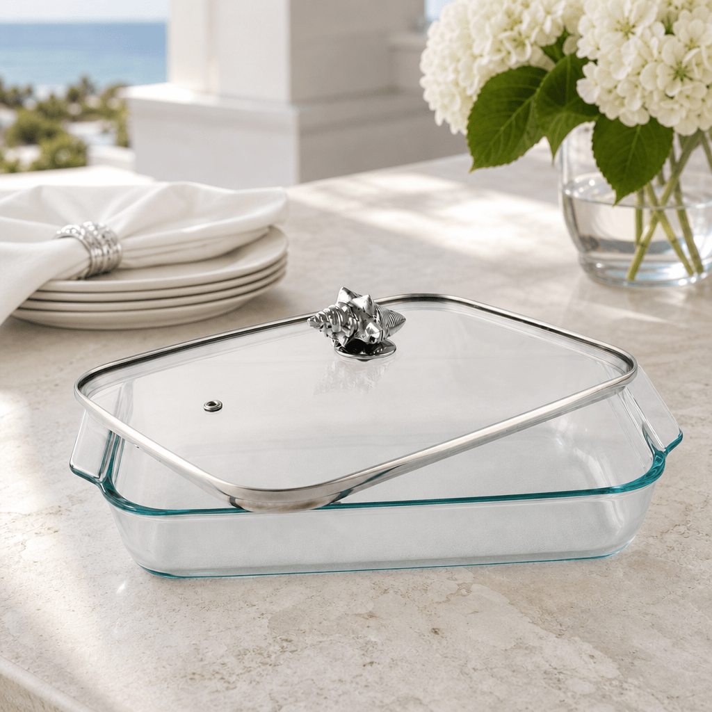 Arthur Court Coastal Shell Lid with Pyrex 3 quart Baking Dish