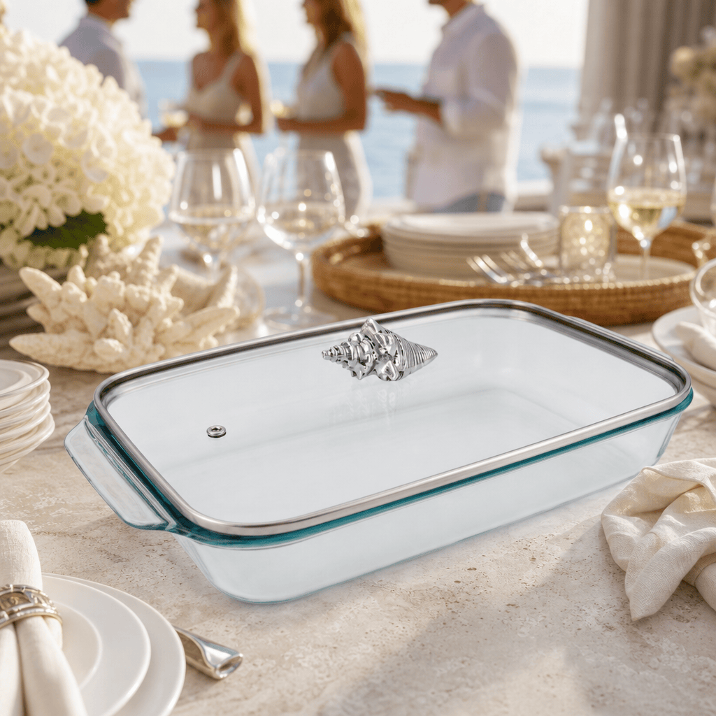 Arthur Court Coastal Shell Lid with Pyrex 3 quart Baking Dish