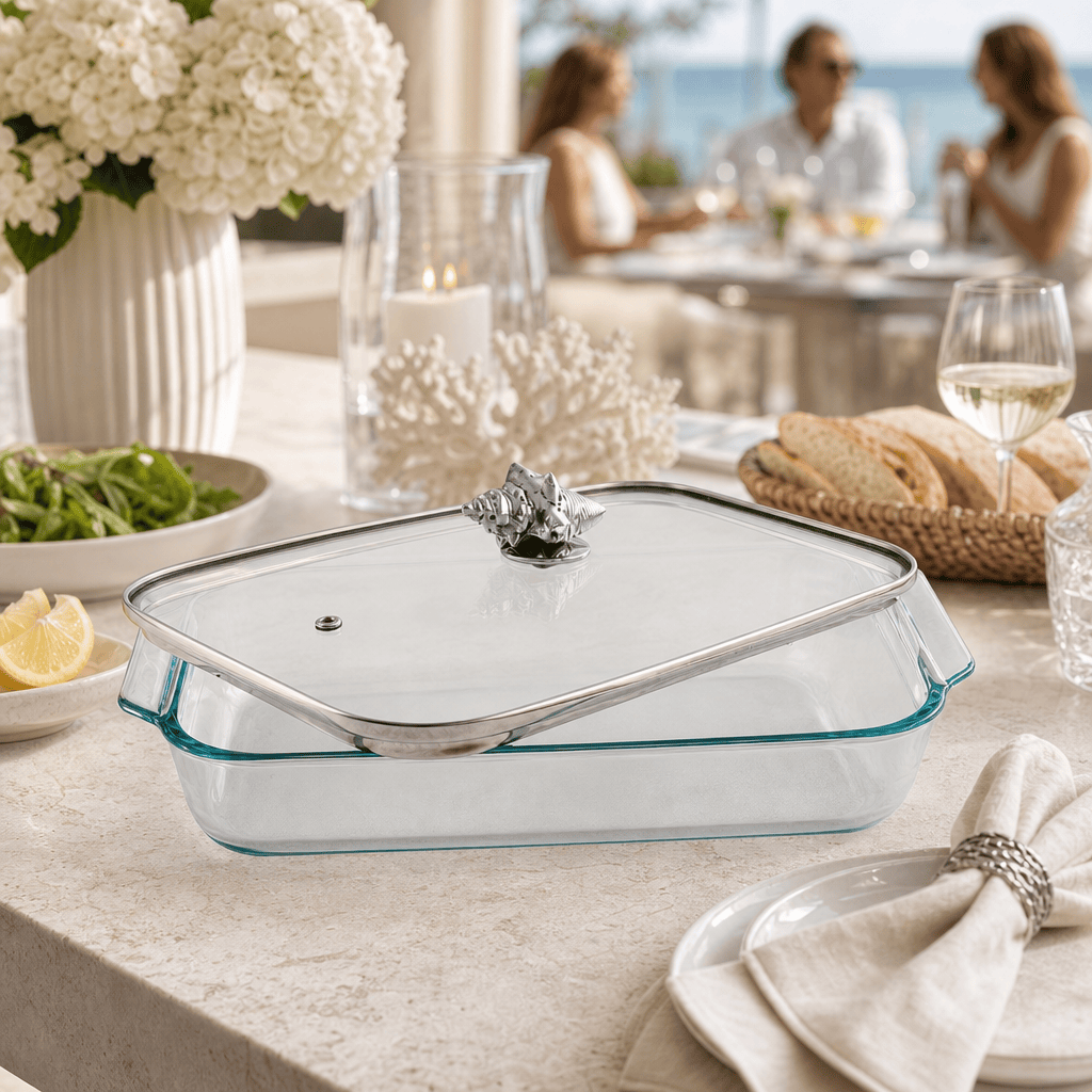 Arthur Court Coastal Shell Lid with Pyrex 3 quart Baking Dish