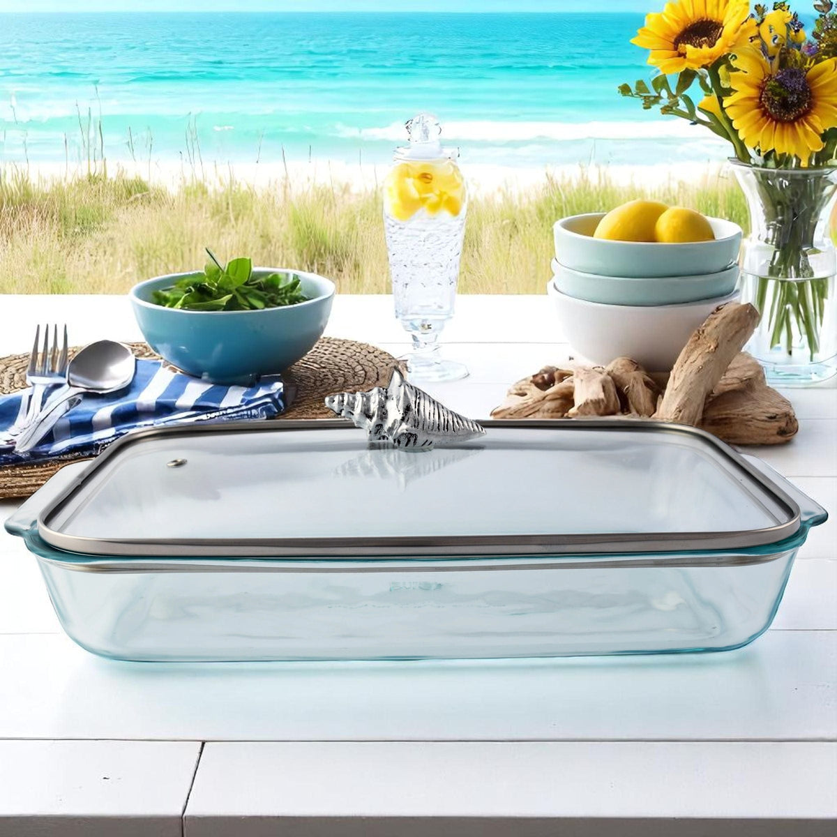 Arthur Court Coastal Shell Lid with Pyrex 3 quart Baking Dish