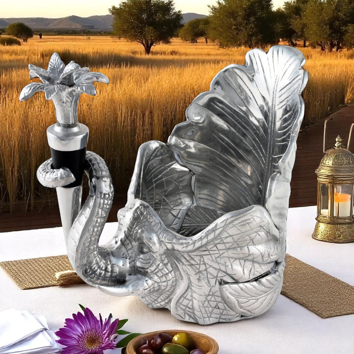 Arthur Court Elephant Elephant Wine Coaster and Stopper Set