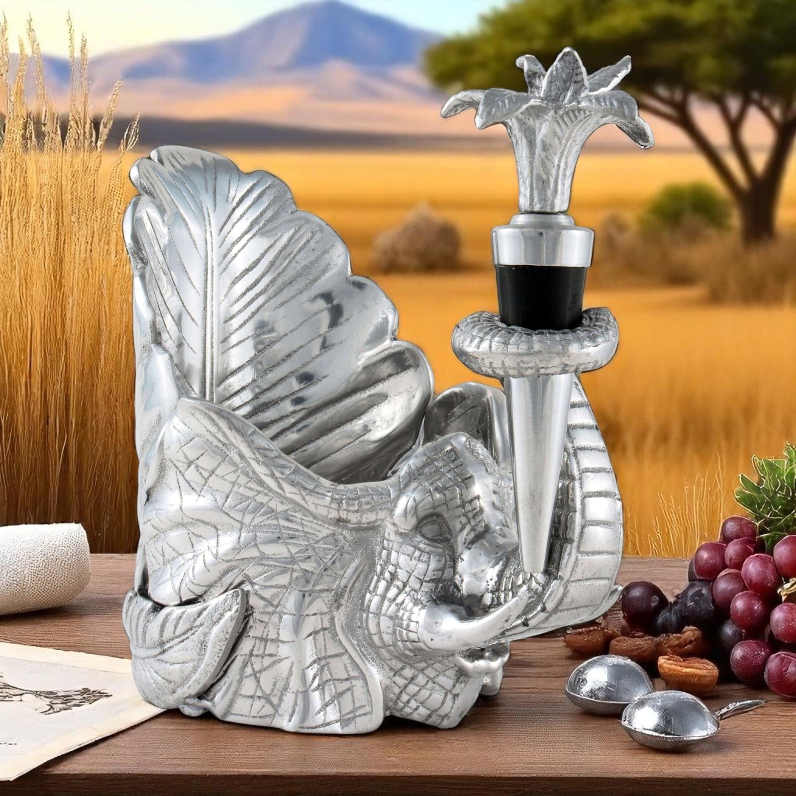 Arthur Court Elephant Elephant Wine Coaster and Stopper Set