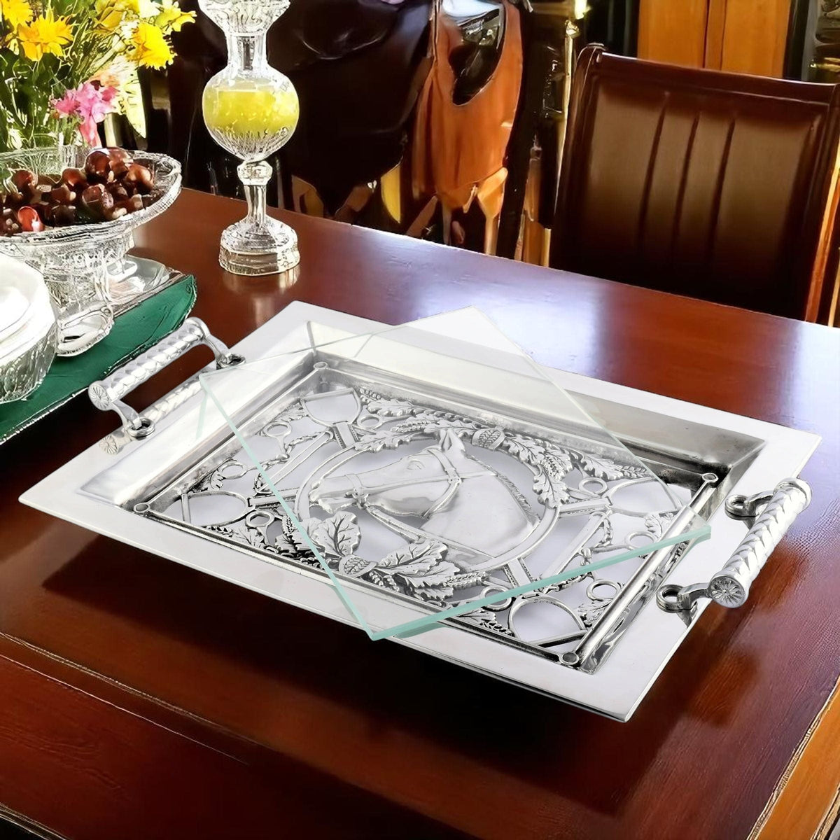 Arthur Court Equestrian Equestrian Horse Glass Top Serving Tray