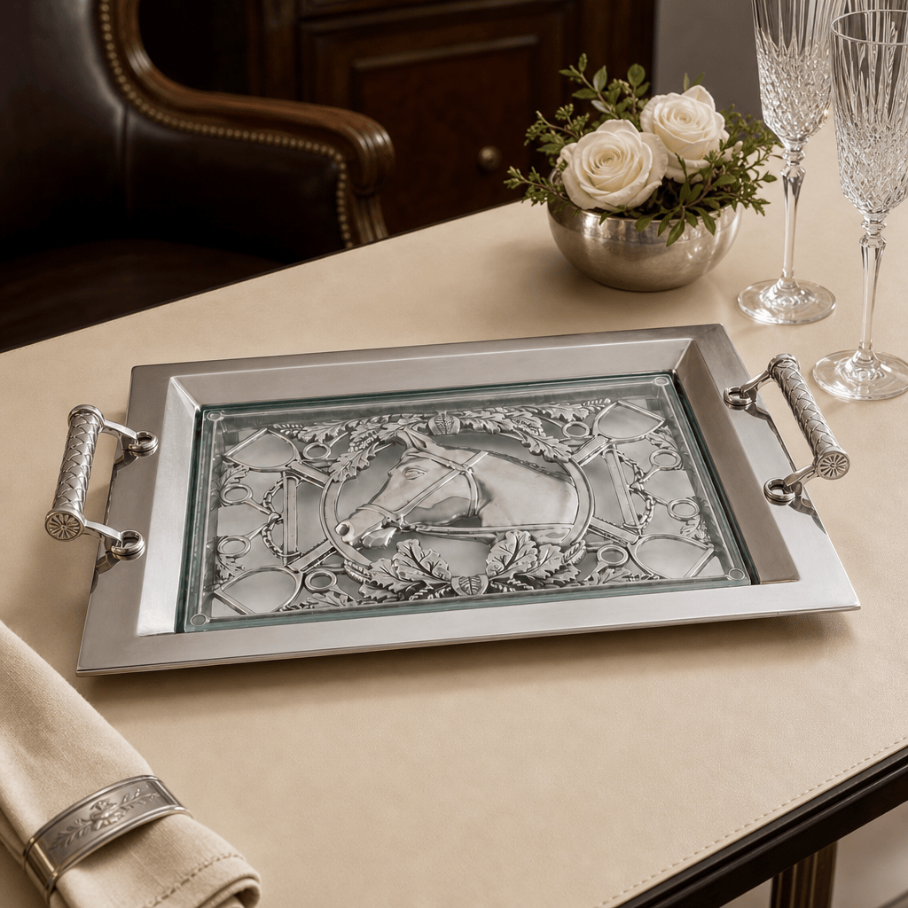 Arthur Court Equestrian Equestrian Horse Glass Top Serving Tray