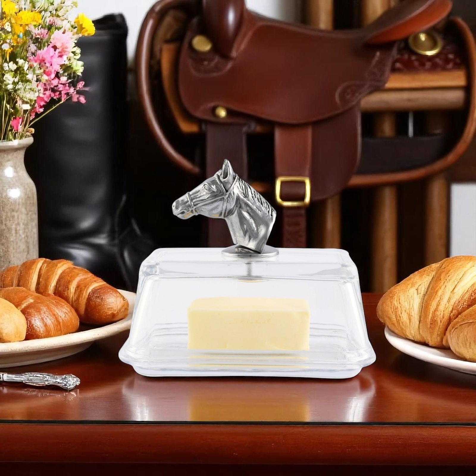 Arthur Court Equestrian Glass Butter Dish - Horse Head