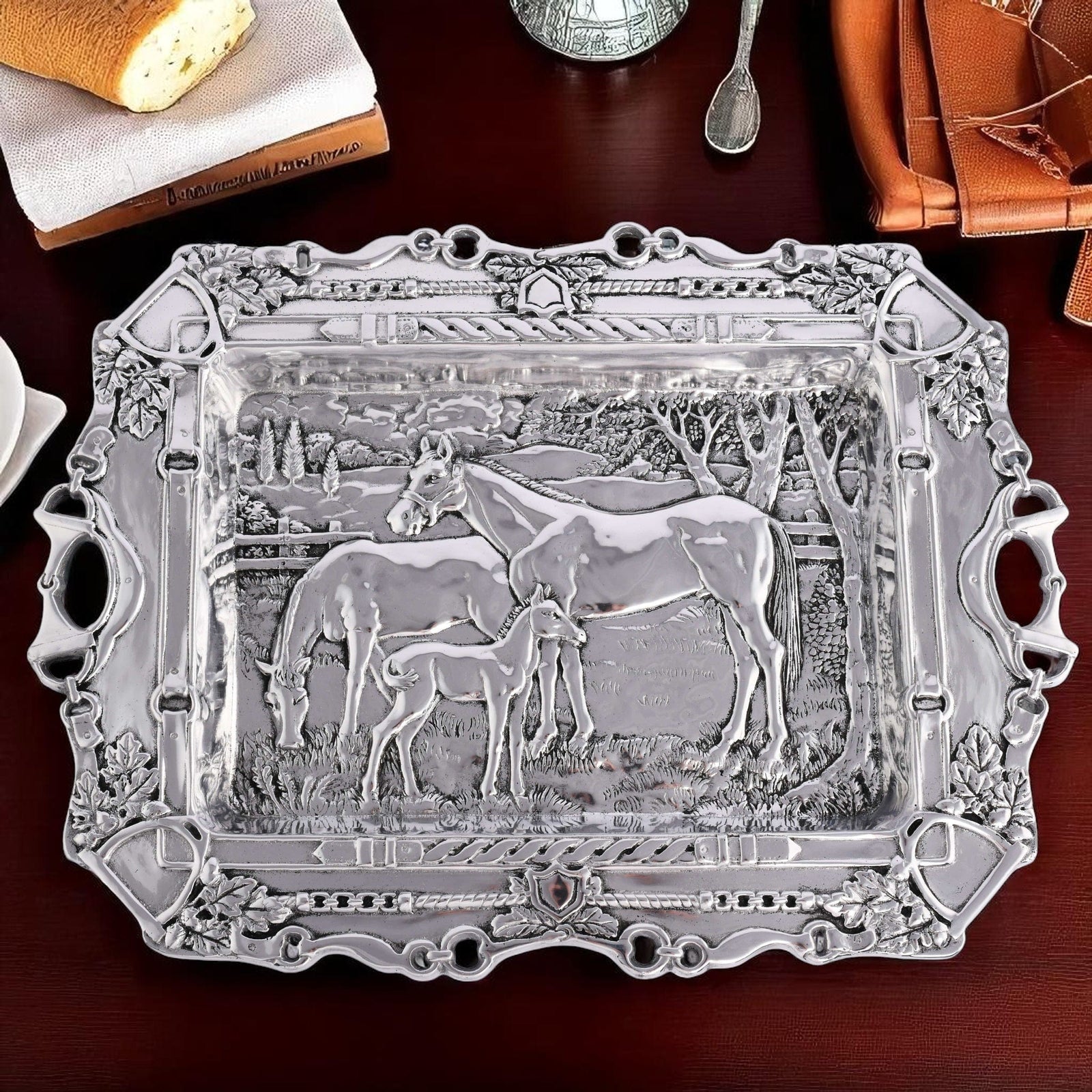 Arthur Court Equestrian Grazing Horses Parlor Tray