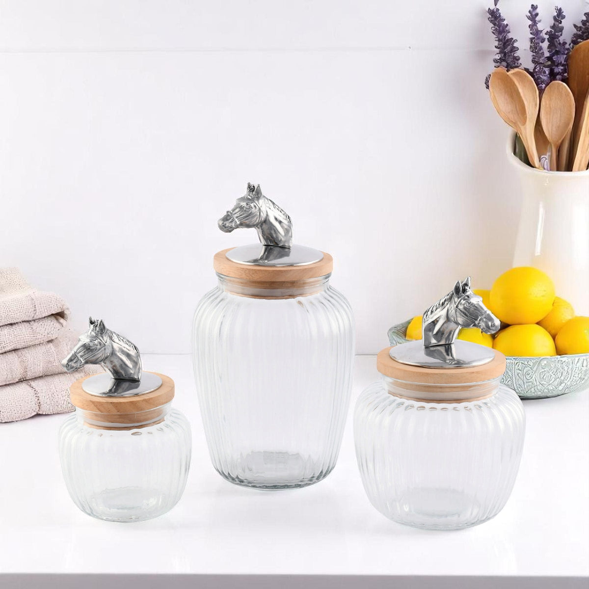 Arthur Court Equestrian Horse Head Knob Glass Canisters