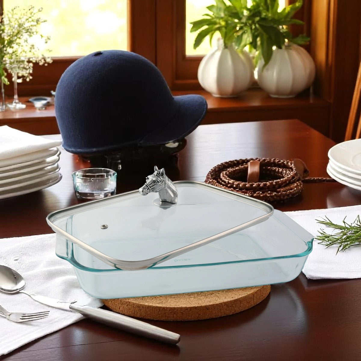 Arthur Court Equestrian Horse Head with Pyrex 3 quart Baking Dish