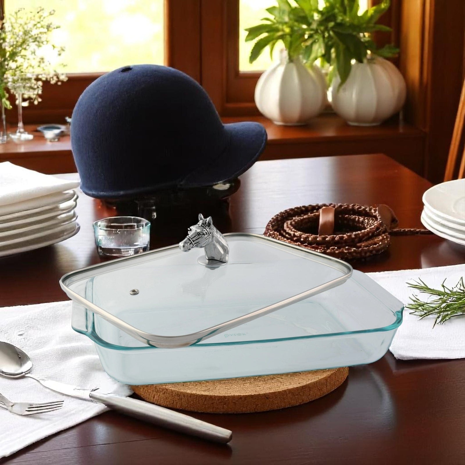 Arthur Court Equestrian Horse Head with Pyrex 3 quart Baking Dish