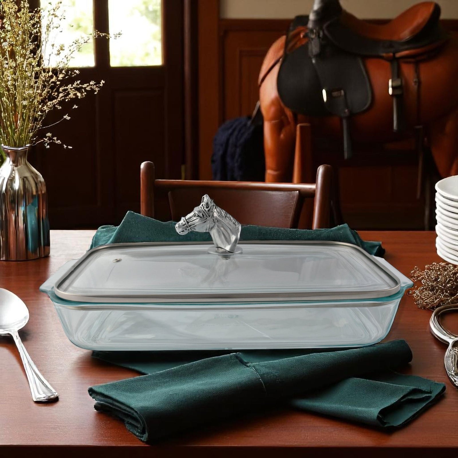 Arthur Court Equestrian Horse Head with Pyrex 3 quart Baking Dish