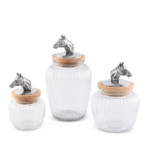 Arthur Court Equestrian Set of 3 Horse Head Knob Glass Canisters