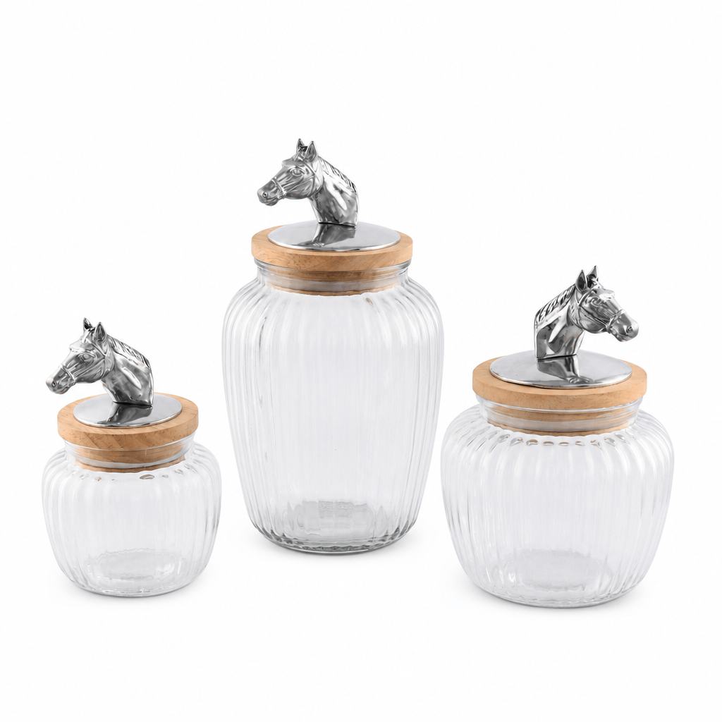 Arthur Court Equestrian Set of 3 Horse Head Knob Glass Canisters