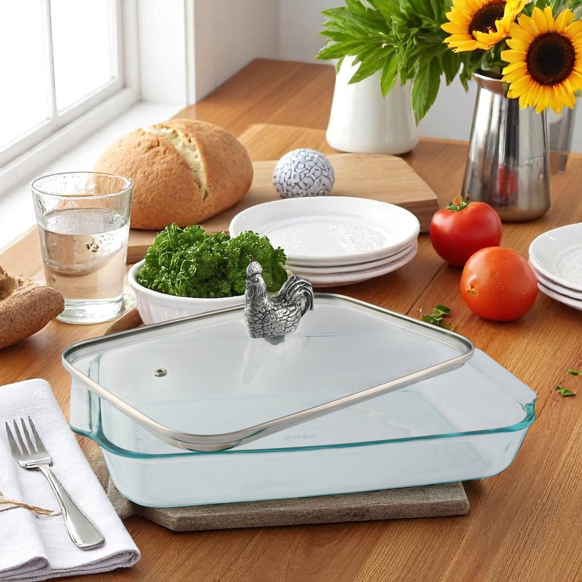 Arthur Court Farmer's Market Rooster Lid with Pyrex 3 quart Baking Dish
