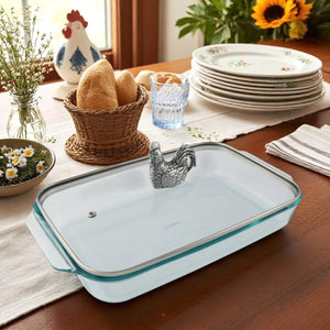 Arthur Court Farmer's Market Rooster Lid with Pyrex 3 quart Baking Dish