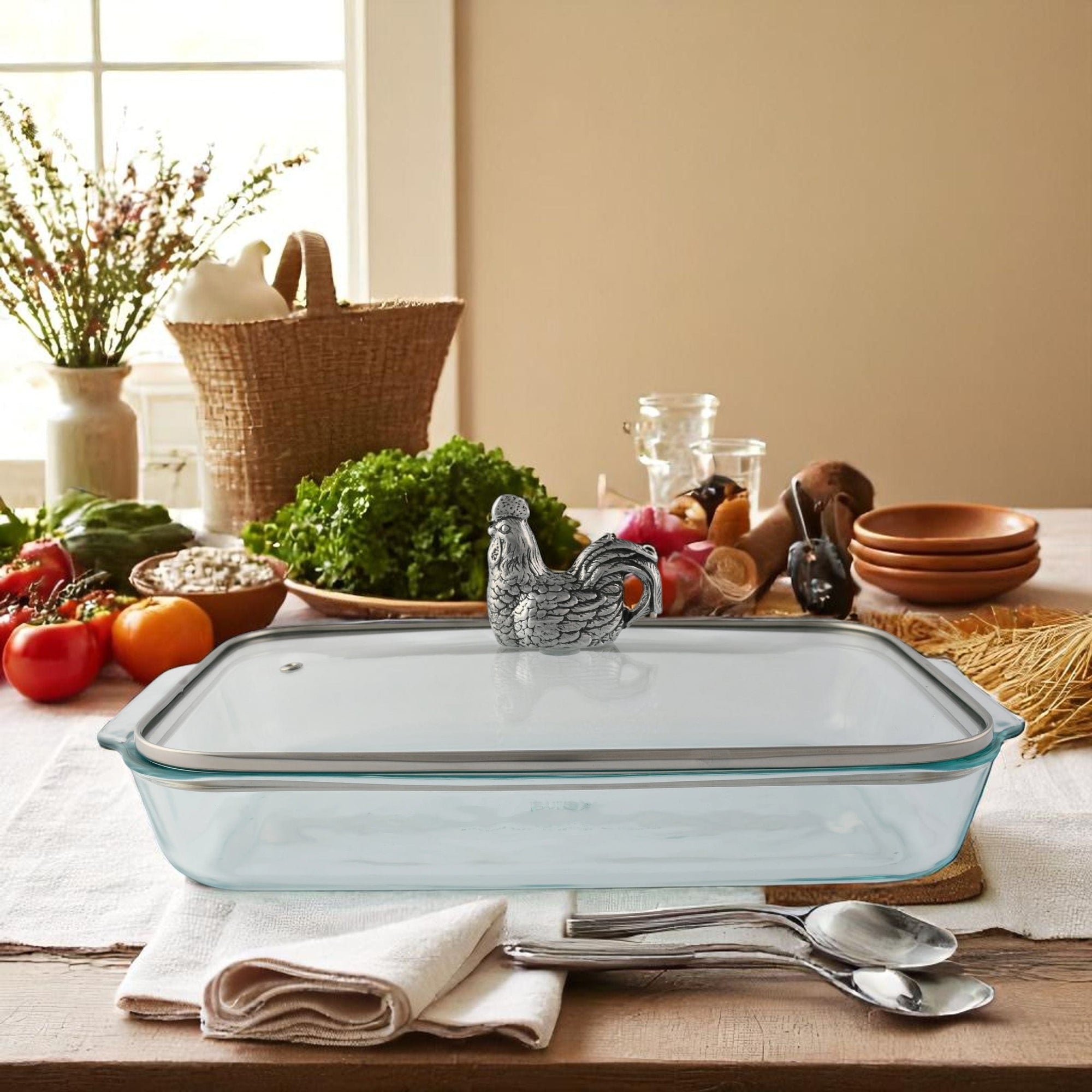 Arthur Court Farmer's Market Rooster Lid with Pyrex 3 quart Baking Dish