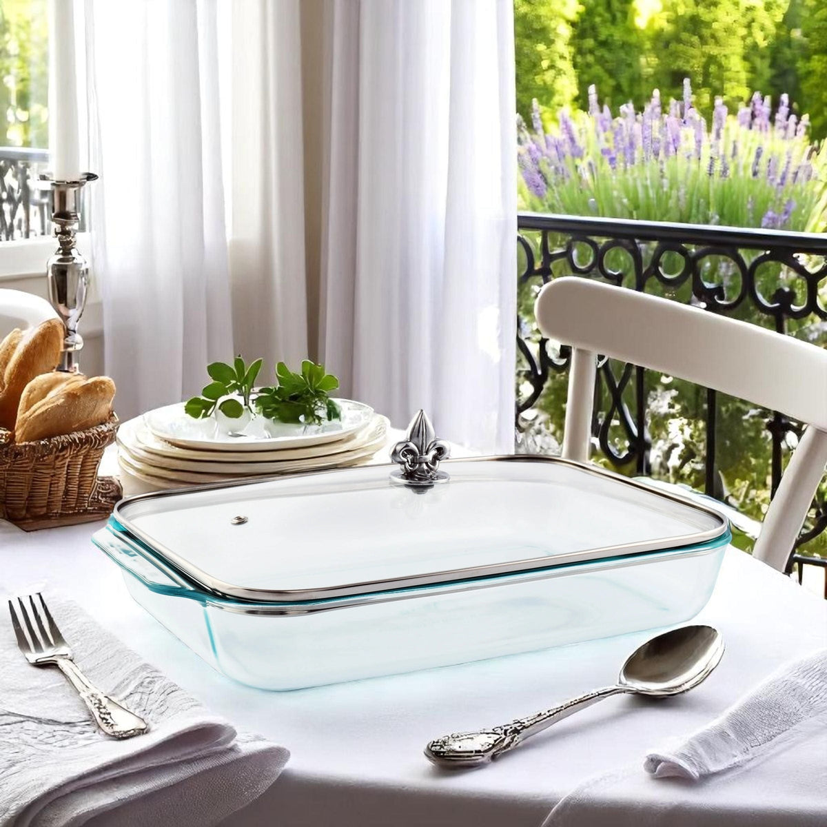 Arthur Court Fleur De Lis Fleur-de-Lis Lid with Pyrex 3 quart Baking Dish