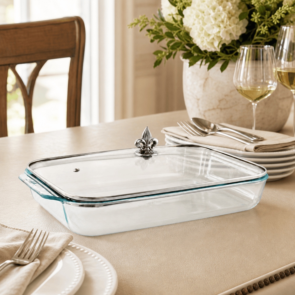 Arthur Court Fleur De Lis Fleur-de-Lis Lid with Pyrex 3 quart Baking Dish