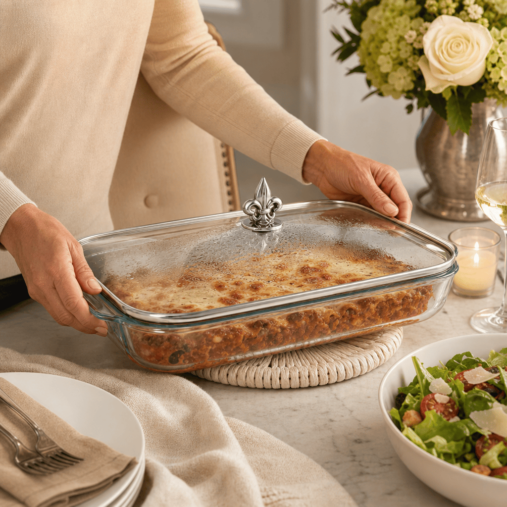 Arthur Court Fleur De Lis Fleur-de-Lis Lid with Pyrex 3 quart Baking Dish