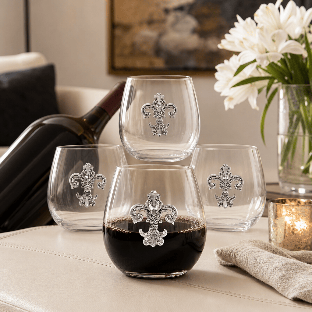 Arthur Court Fleur De Lis Fleur de Lis Stemless Wine Glasses - Set of 4