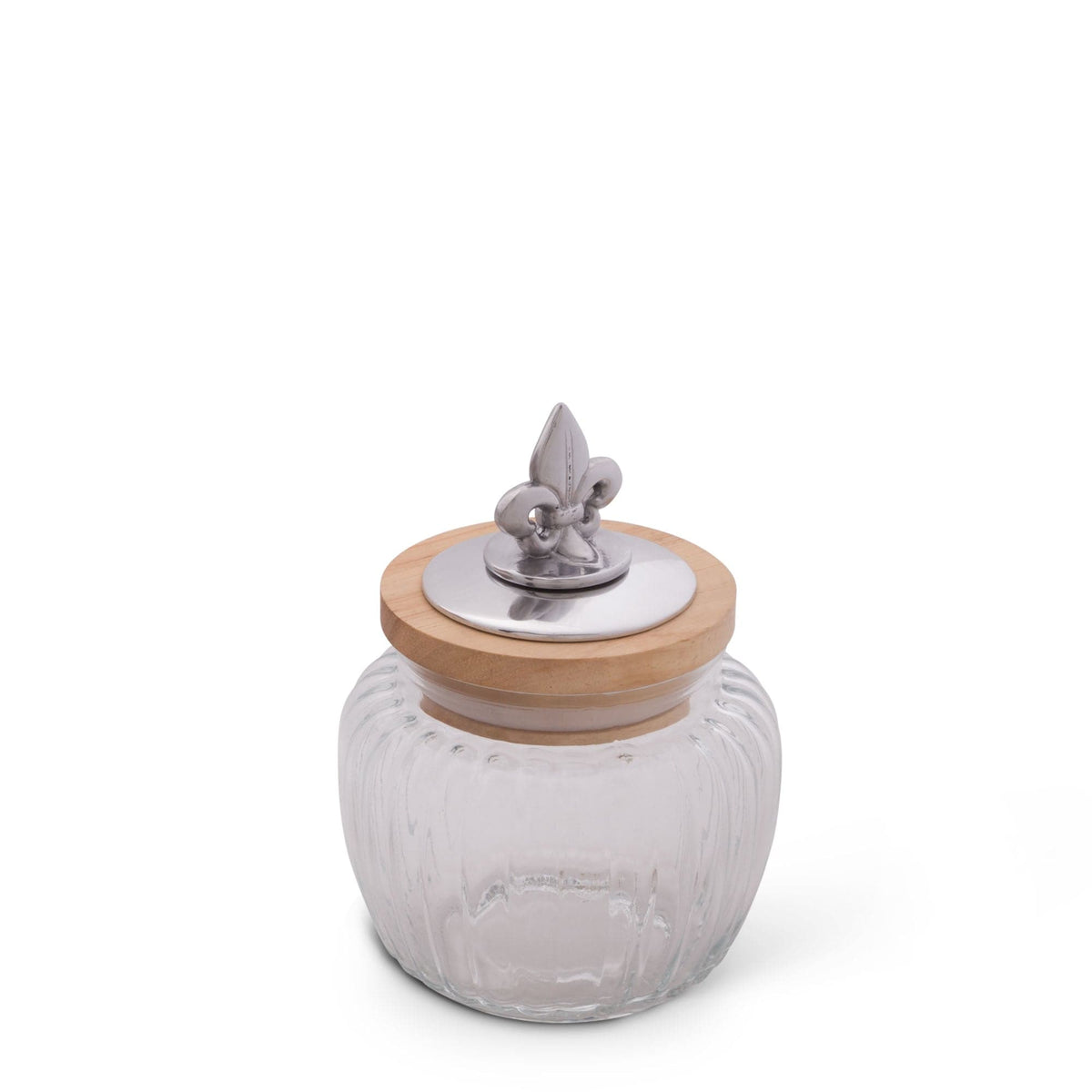 A decorative canister angled slightly above, featuring a wooden lid with a silver fleur-de-lis accent, perfect for kitchen decor.