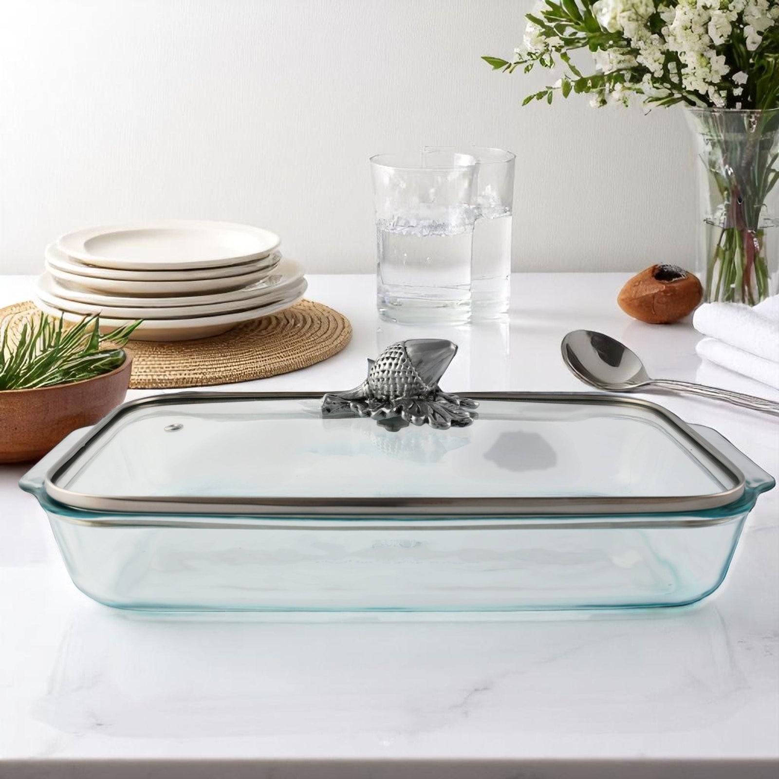 Arthur Court Forest Acorn Lid with Pyrex 3 quart Baking Dish