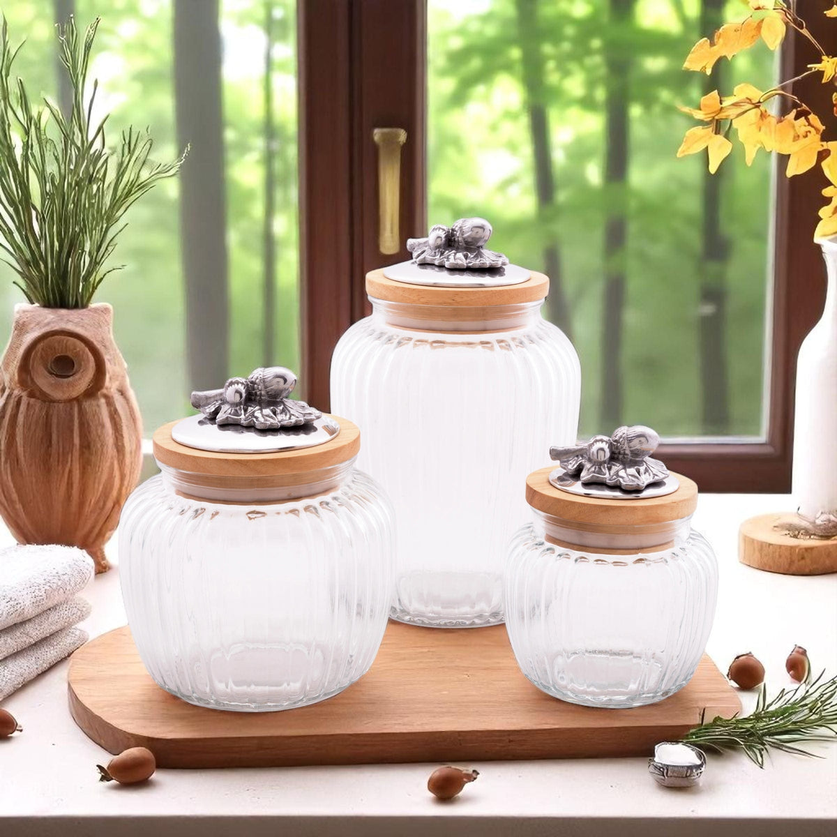 Arthur Court Forest Acorn Oak Knob Glass Canisters