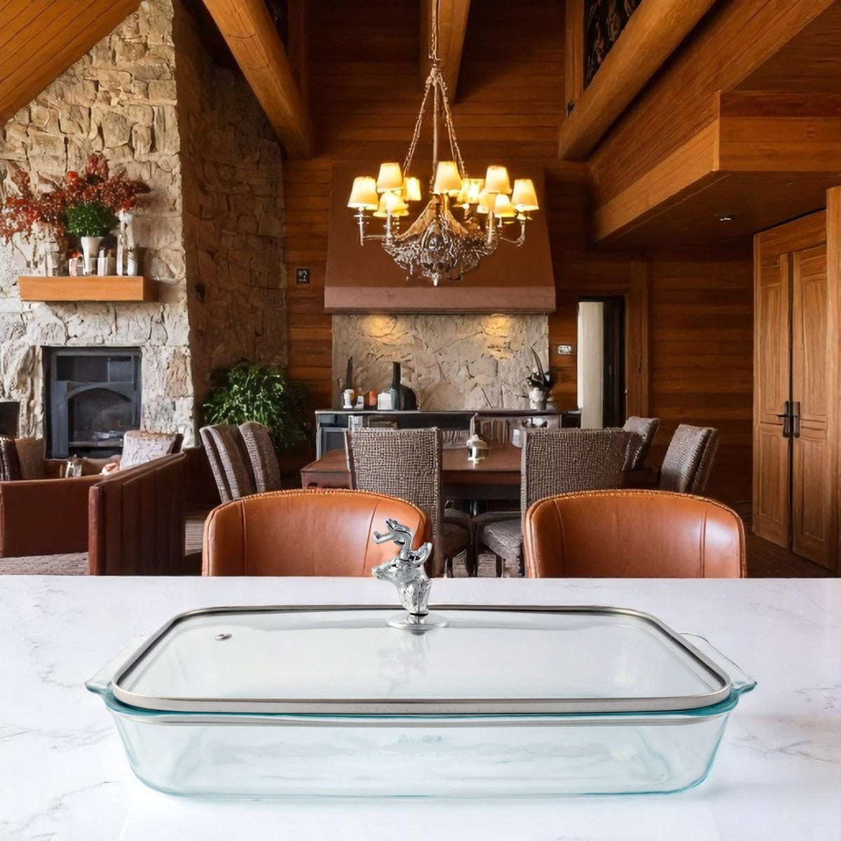 Arthur Court Forest Deer Head Lid with Pyrex 3 quart Baking Dish