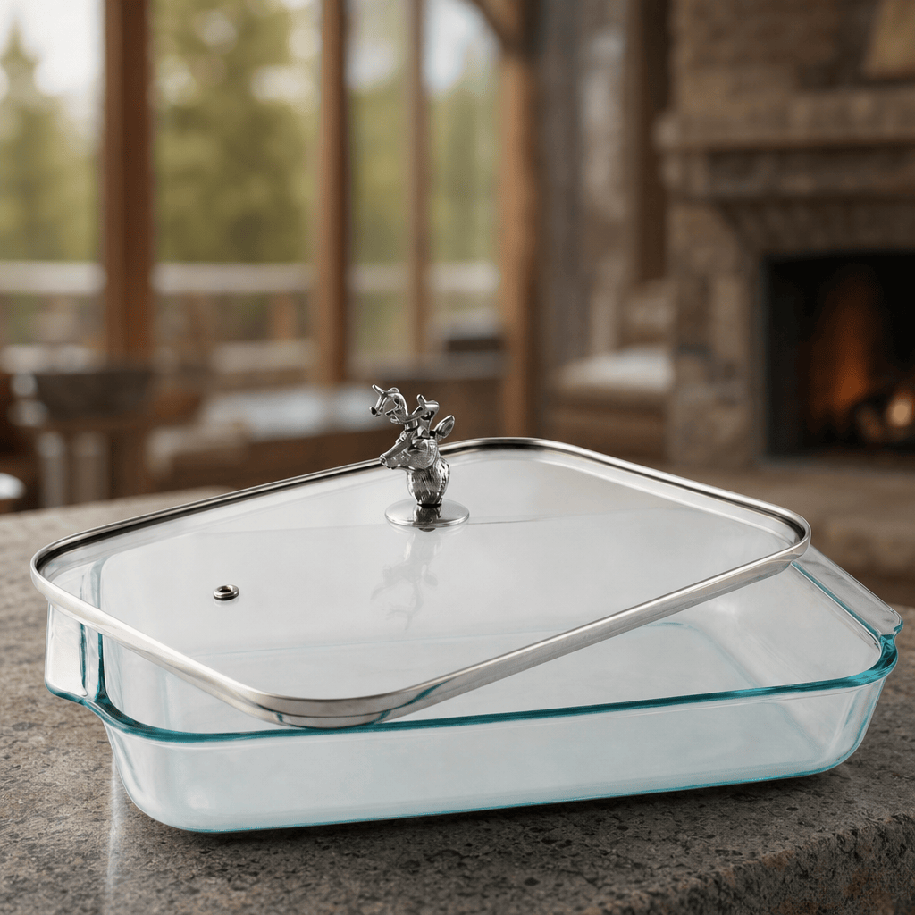 Arthur Court Forest Deer Head Lid with Pyrex 3 quart Baking Dish