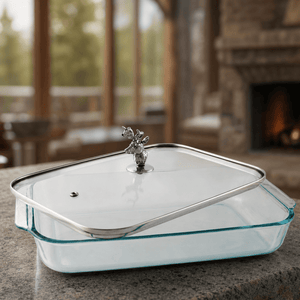 Arthur Court Forest Deer Head Lid with Pyrex 3 quart Baking Dish
