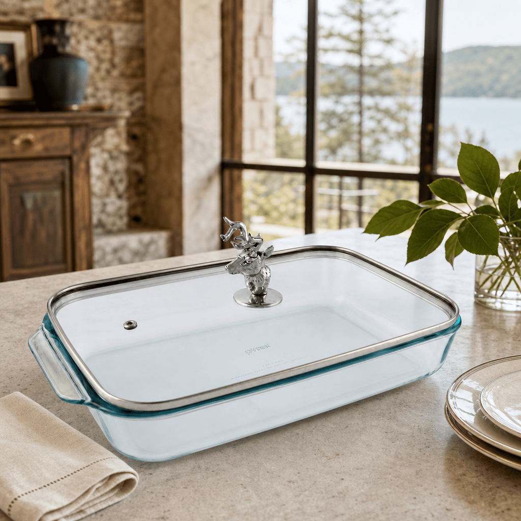 Arthur Court Forest Deer Head Lid with Pyrex 3 quart Baking Dish