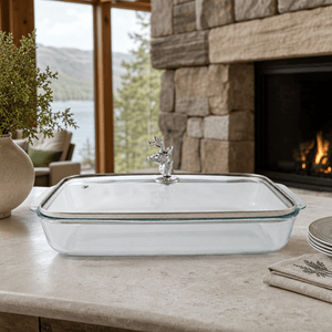 Arthur Court Forest Deer Head Lid with Pyrex 3 quart Baking Dish
