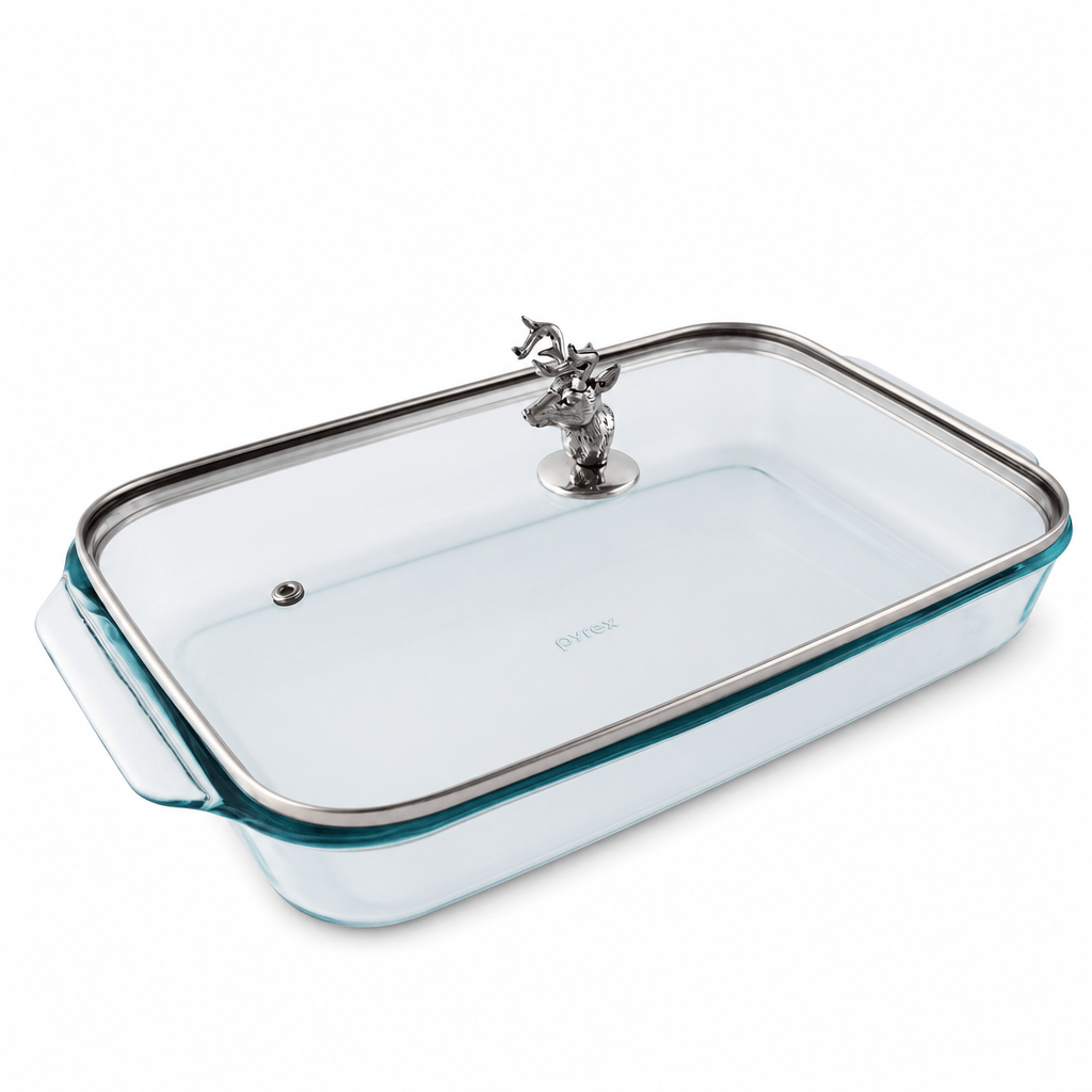 Arthur Court Forest Deer Head Lid with Pyrex 3 quart Baking Dish