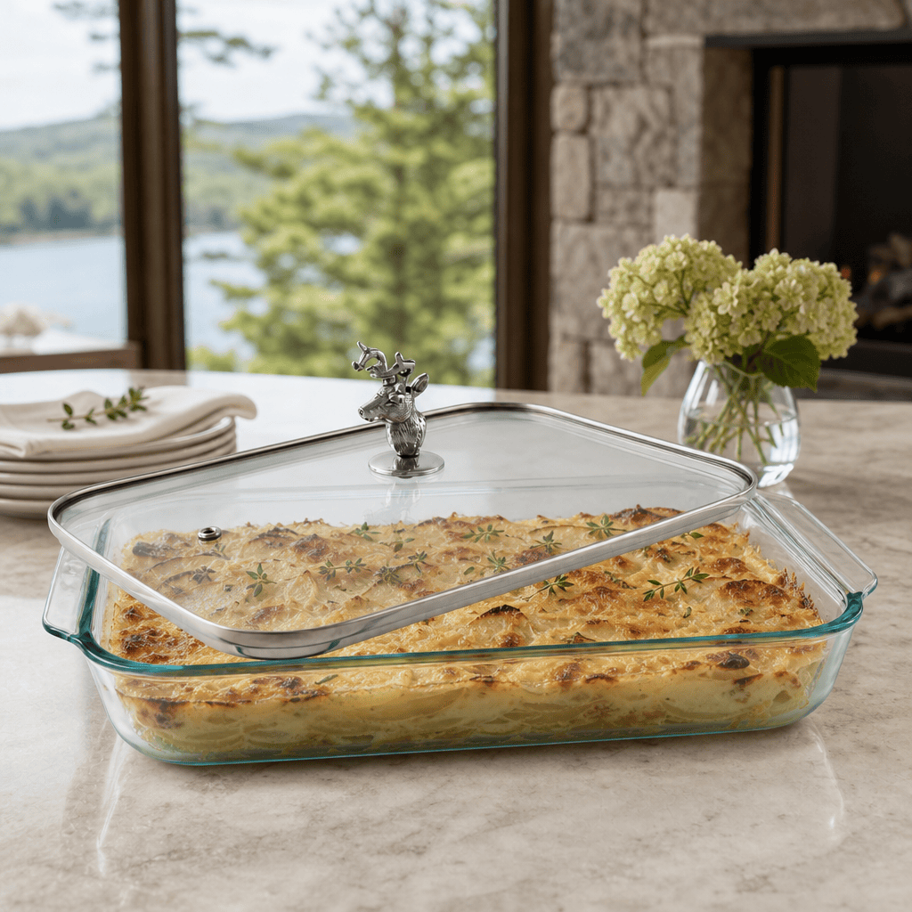 Arthur Court Forest Deer Head Lid with Pyrex 3 quart Baking Dish