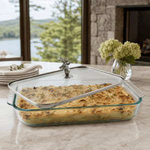 Arthur Court Forest Deer Head Lid with Pyrex 3 quart Baking Dish