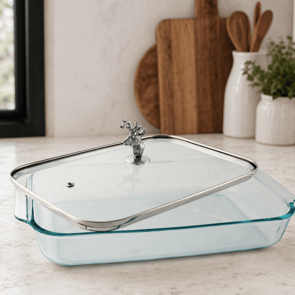 Arthur Court Forest Deer Head Lid with Pyrex 3 quart Baking Dish