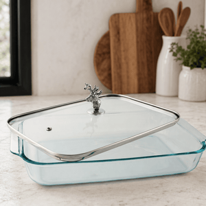 Arthur Court Forest Deer Head Lid with Pyrex 3 quart Baking Dish
