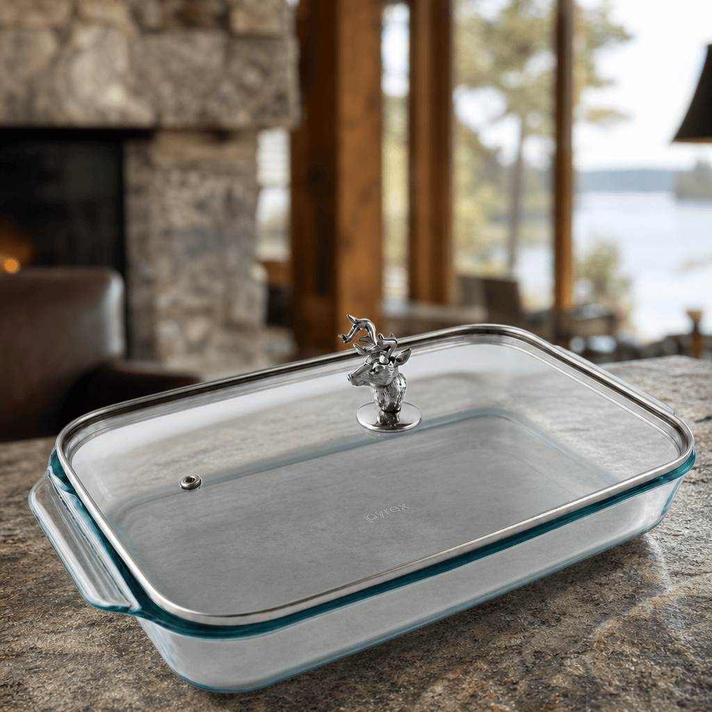 Arthur Court Forest Deer Head Lid with Pyrex 3 quart Baking Dish
