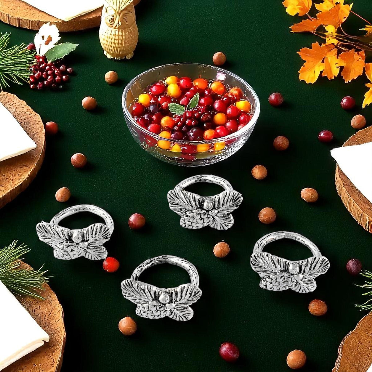 Arthur Court Forest Pine Cone Forest Pattern Napkin Rings Set of 4