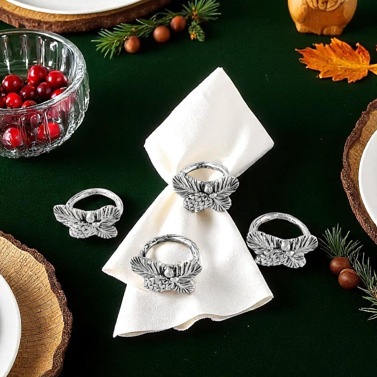 Arthur Court Forest Pine Cone Forest Pattern Napkin Rings Set of 4