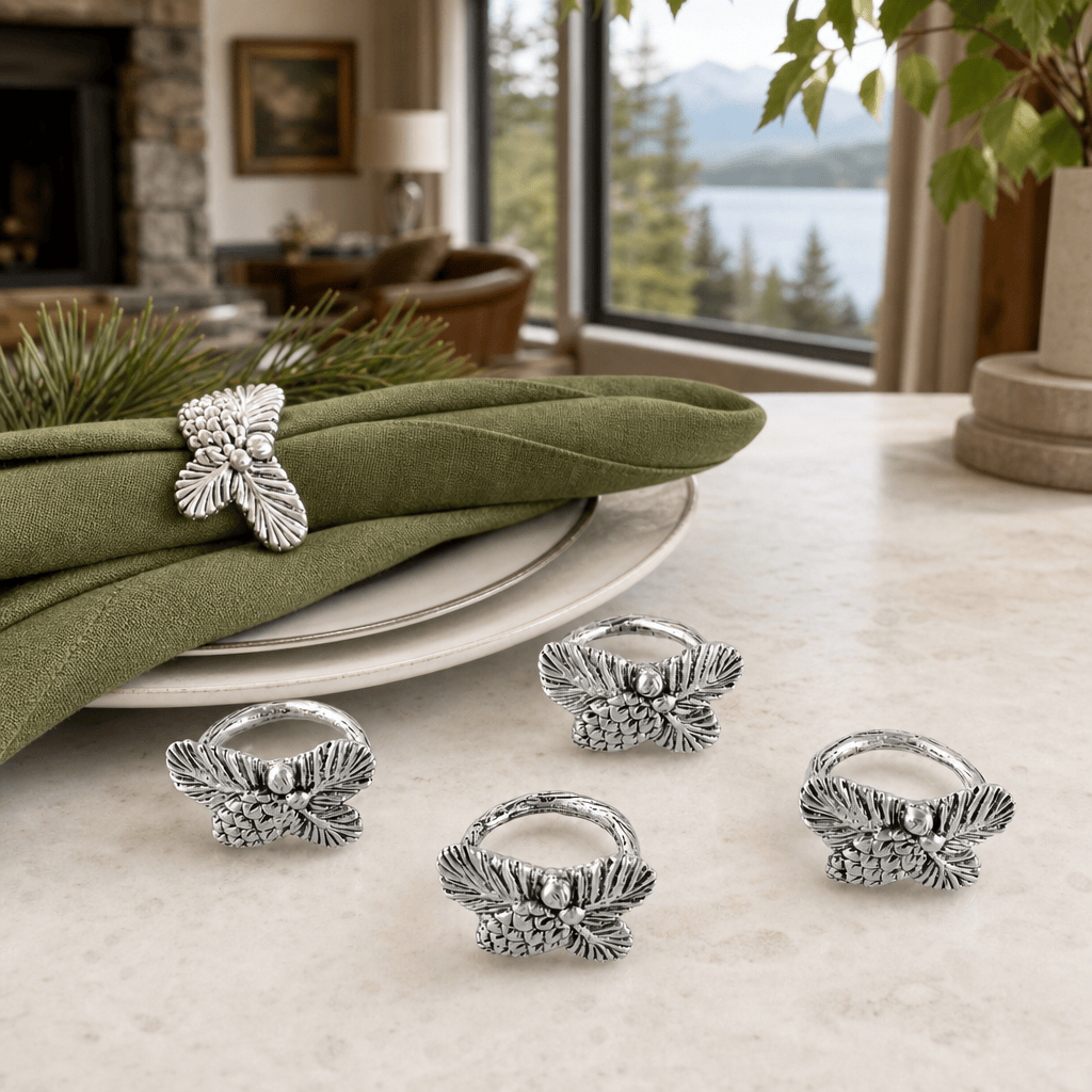 Arthur Court Forest Pine Cone Forest Pattern Napkin Rings Set of 4