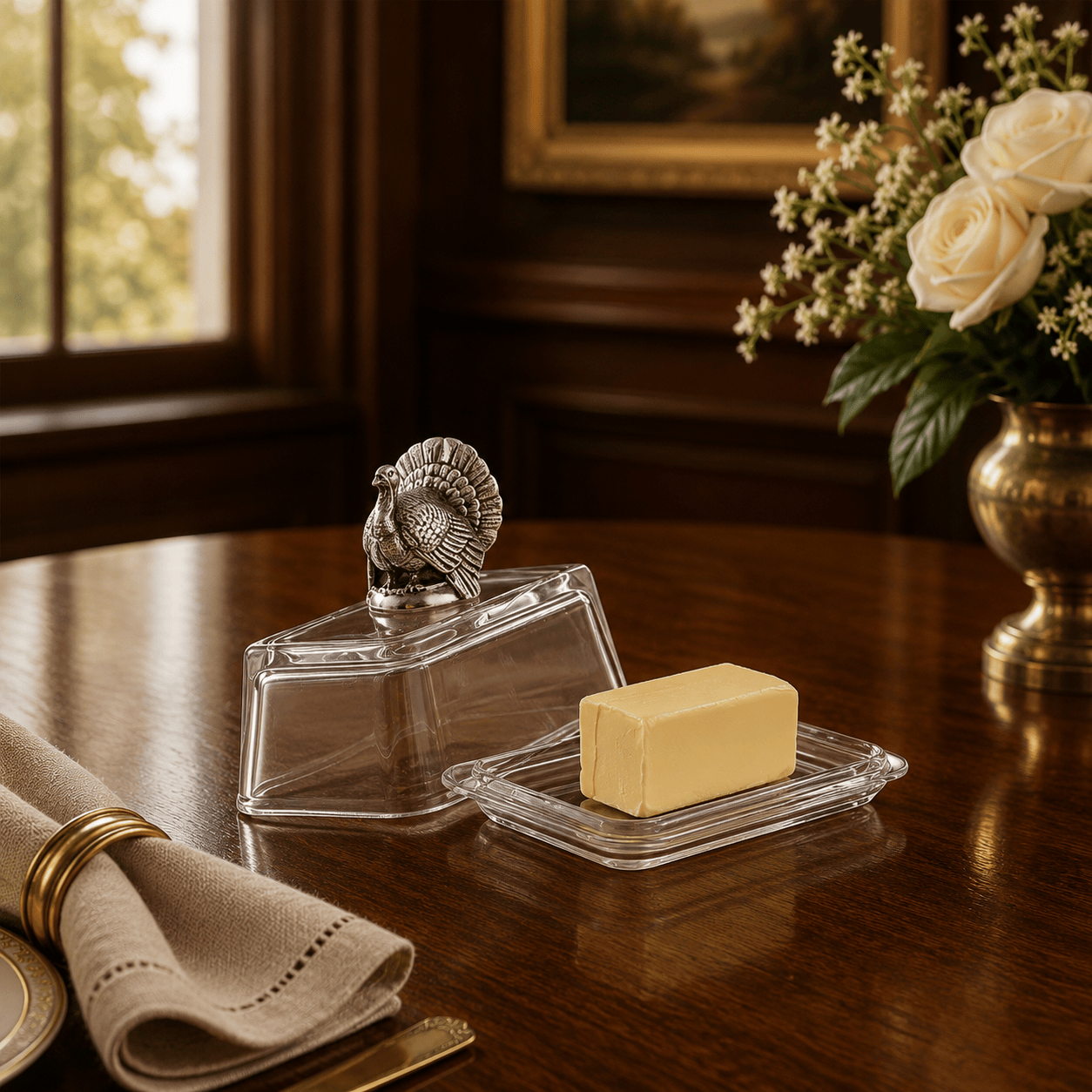 Arthur Court Game Birds Glass Butter Dish - Turkey