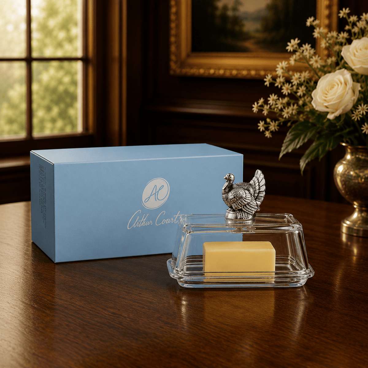 Arthur Court Game Birds Glass Butter Dish - Turkey