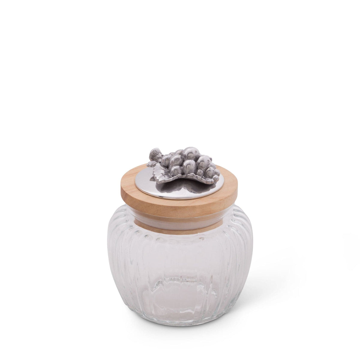 Glass canister with a wooden lid and decorative metal grapes viewed from a side angle, perfect for kitchen decor.