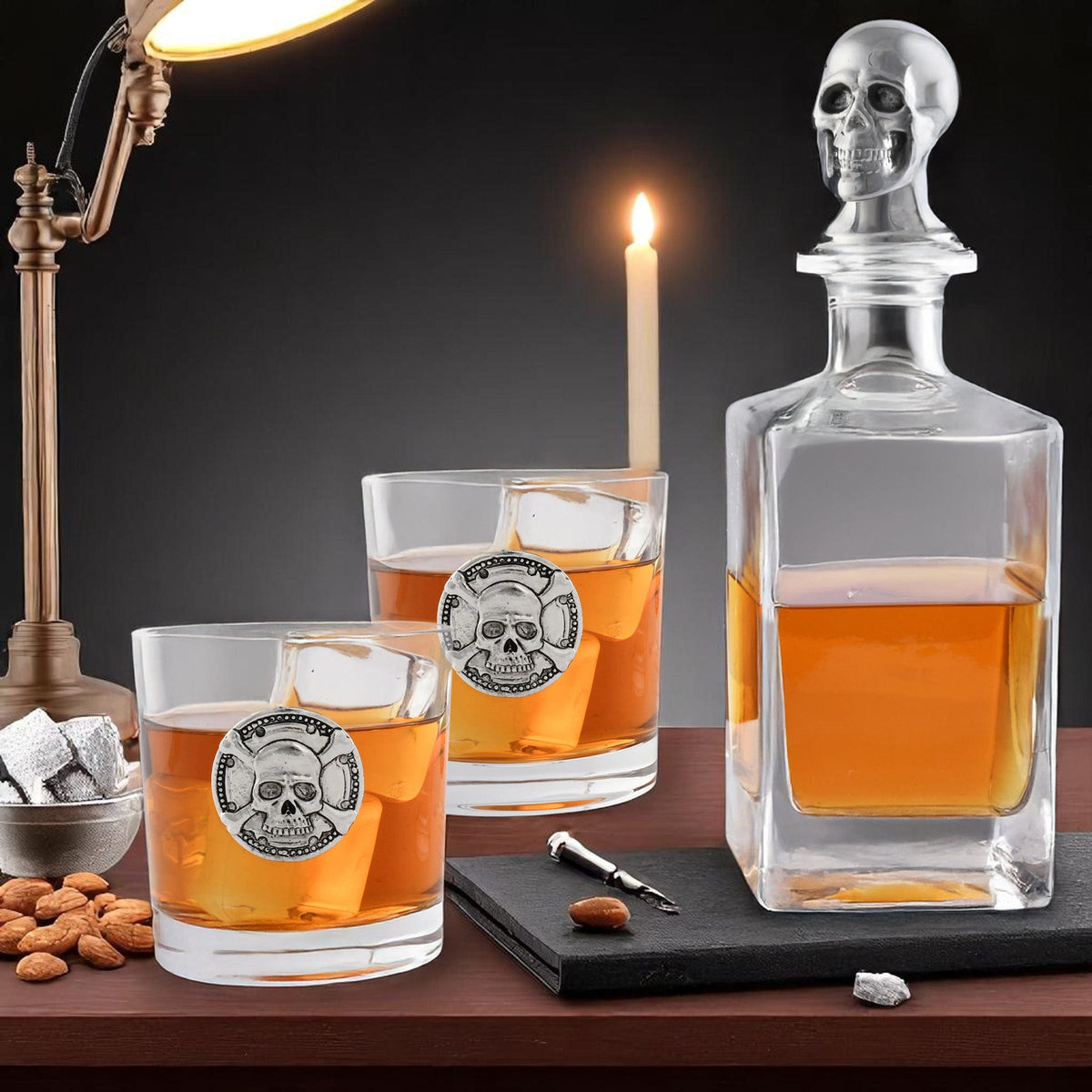 Arthur Court Holidays Skull Decanter Set with a set Double old Glasses