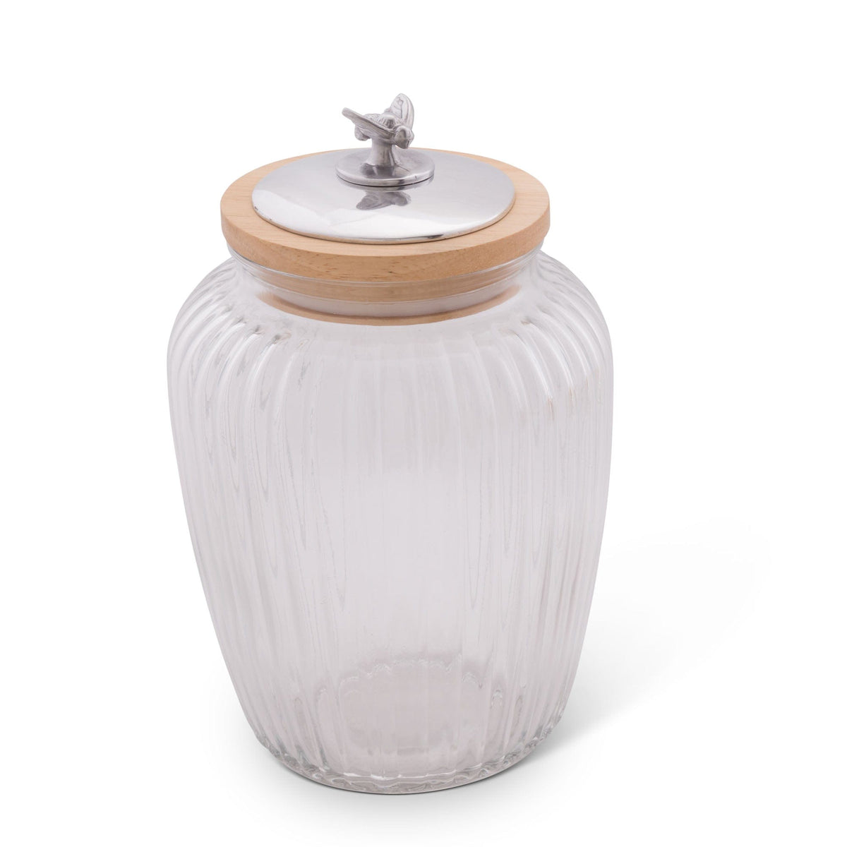 A close-up angle highlights a ribbed glass canister with a wooden lid, ideal for elegant kitchen decor.