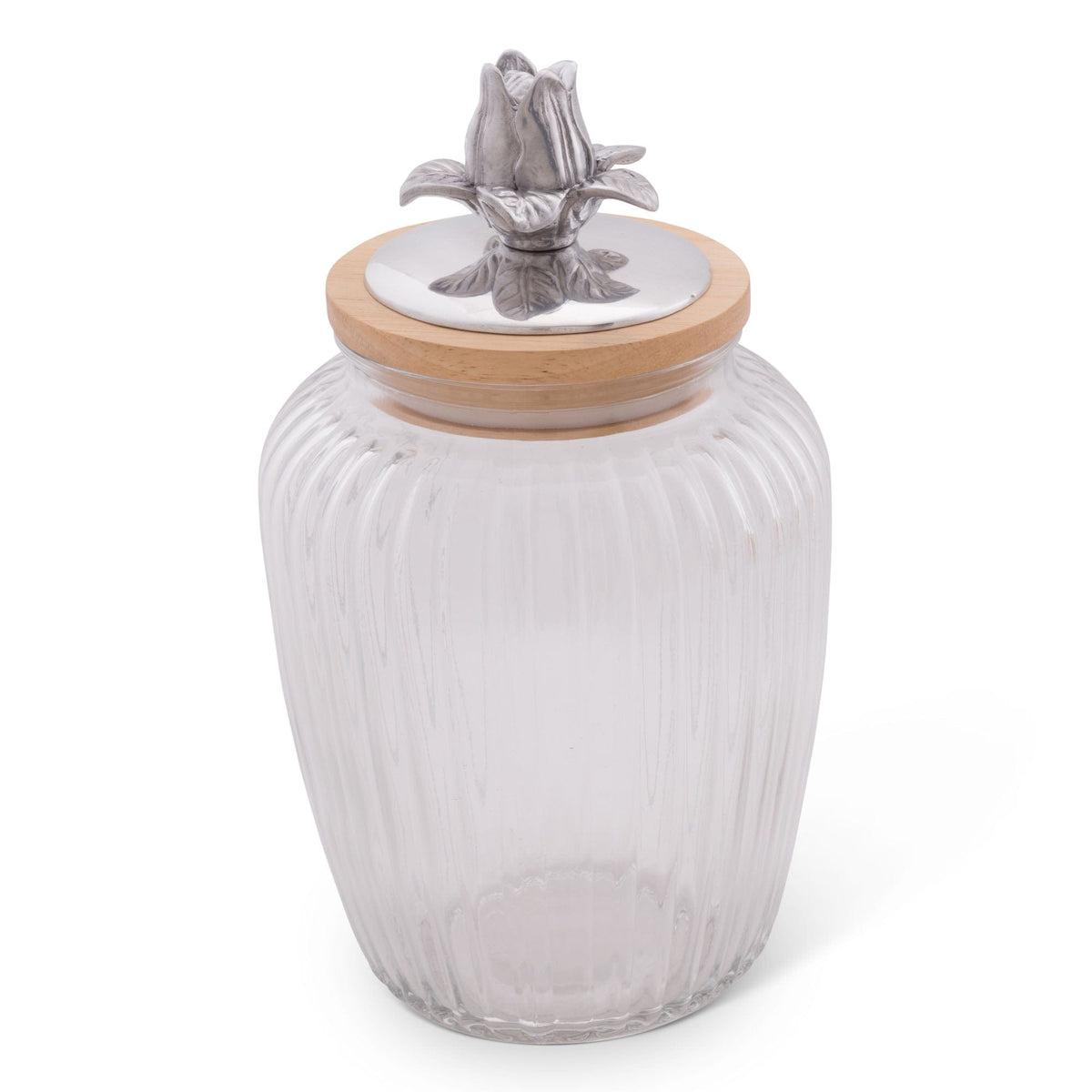 A glass canister with a wooden lid and floral metal handle, viewed from a slight side angle, perfect for elegant accents.